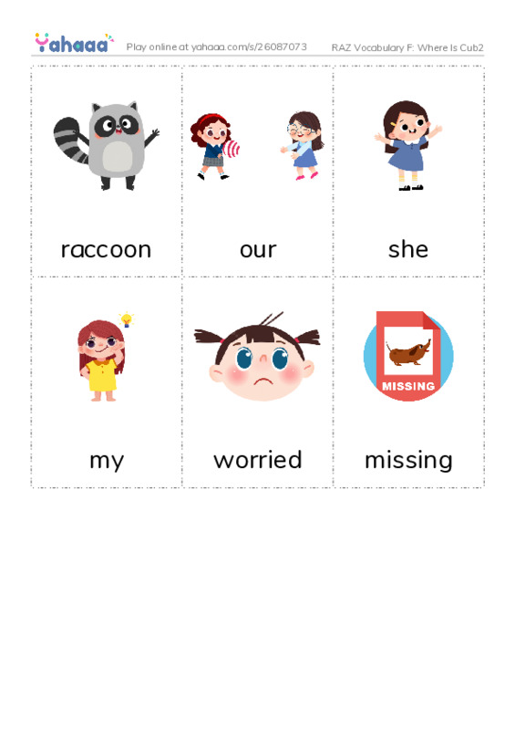 RAZ Vocabulary F: Where Is Cub2 PDF flaschards with images