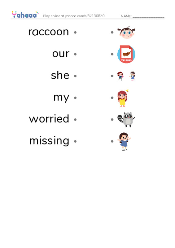 RAZ Vocabulary F: Where Is Cub2 PDF link match words worksheet