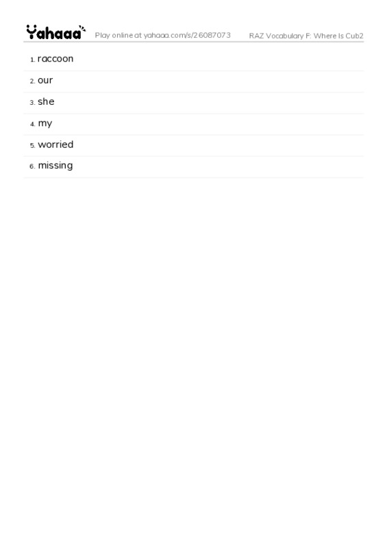 RAZ Vocabulary F: Where Is Cub2 PDF words glossary