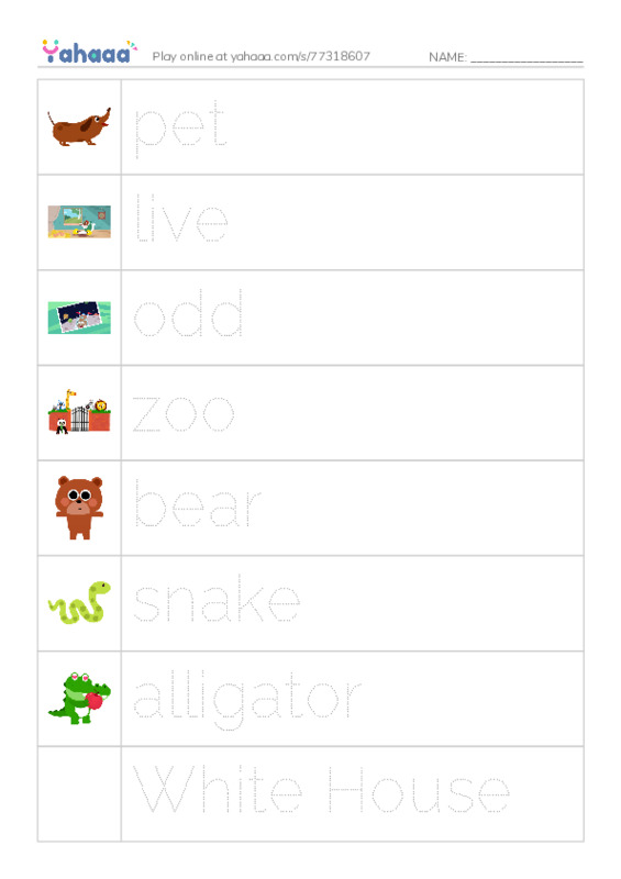 RAZ Vocabulary F: White House Pets1 PDF one column image words