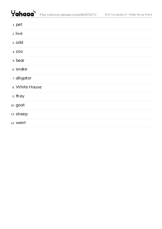 RAZ Vocabulary F: White House Pets1 PDF words glossary