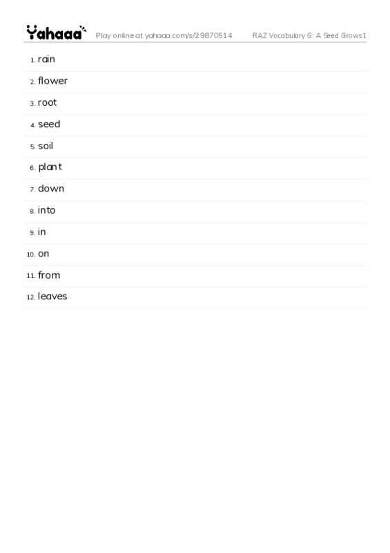 RAZ Vocabulary G: A Seed Grows1 PDF words glossary