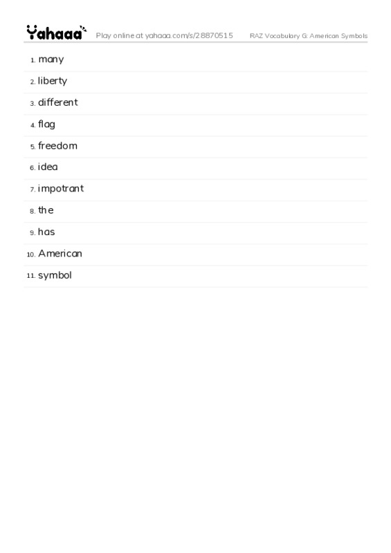 RAZ Vocabulary G: American Symbols PDF words glossary