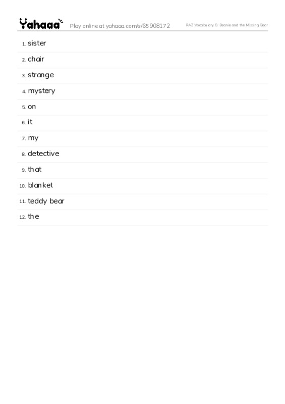 RAZ Vocabulary G: Beanie and the Missing Bear PDF words glossary