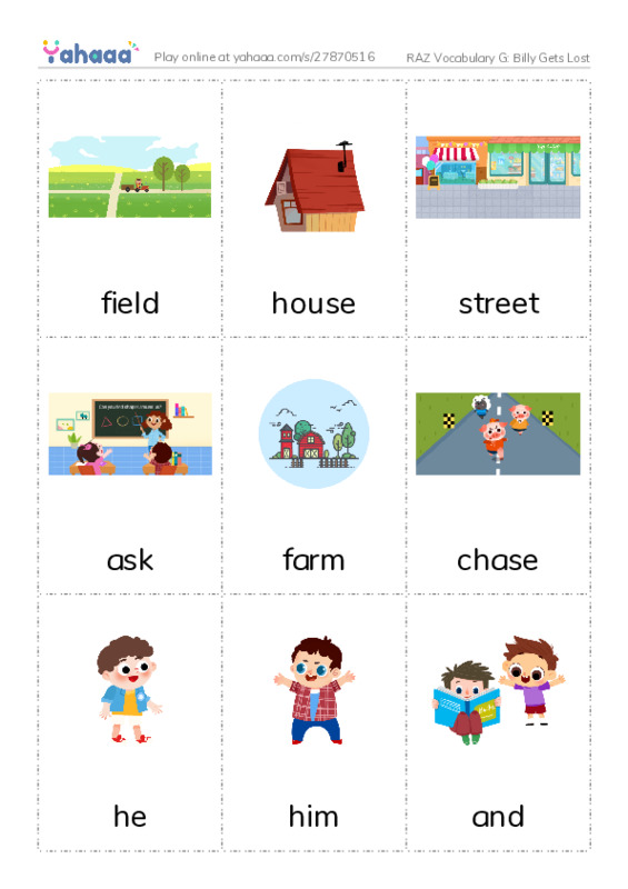 RAZ Vocabulary G: Billy Gets Lost PDF flaschards with images
