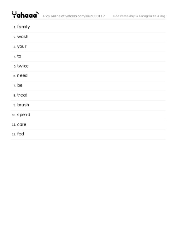 RAZ Vocabulary G: Caring for Your Dog PDF words glossary