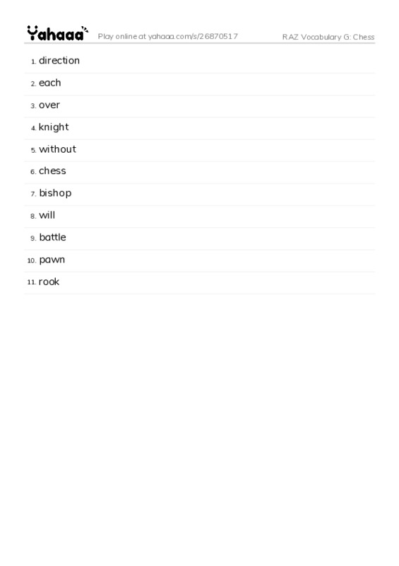 RAZ Vocabulary G: Chess PDF words glossary
