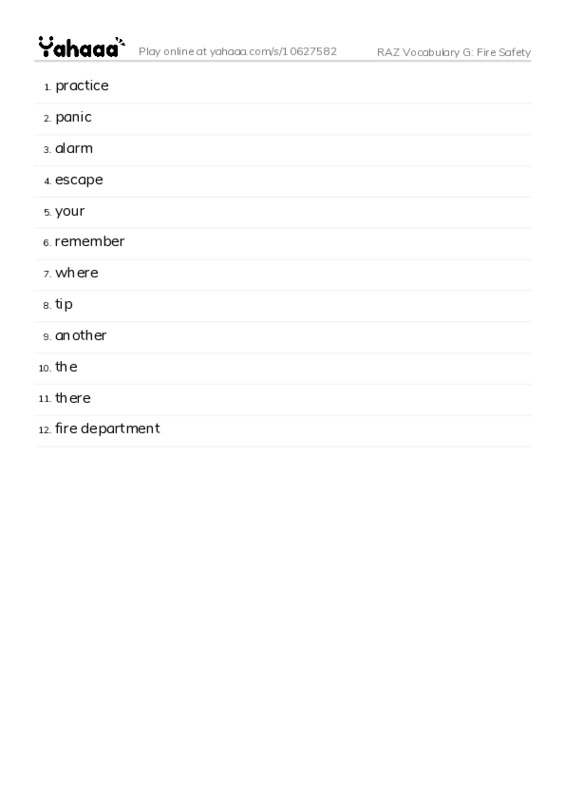 RAZ Vocabulary G: Fire Safety PDF words glossary