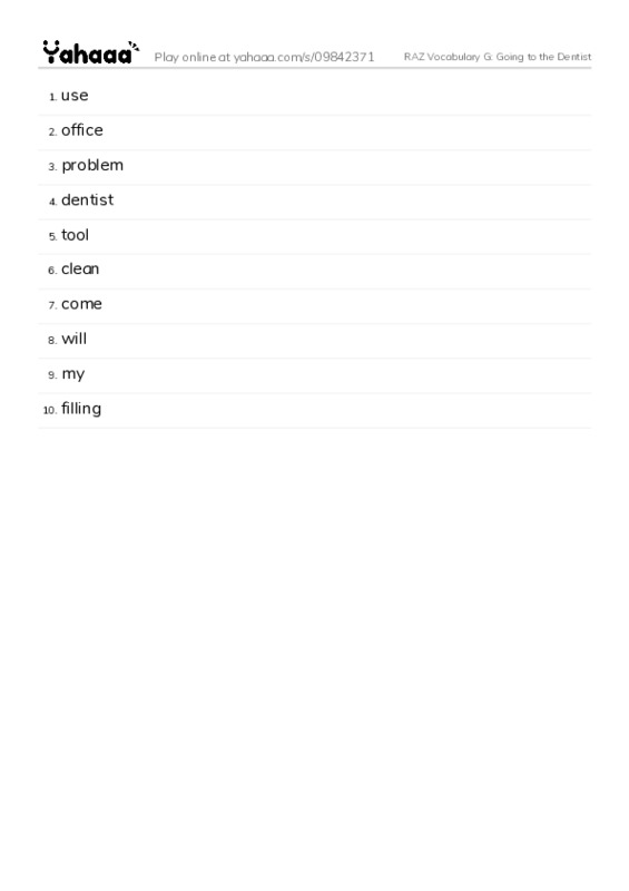 RAZ Vocabulary G: Going to the Dentist PDF words glossary