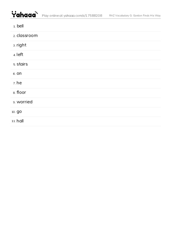 RAZ Vocabulary G: Gordon Finds His Way PDF words glossary