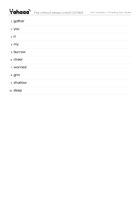 RAZ Vocabulary G: Groundhog Goes Outside PDF words glossary
