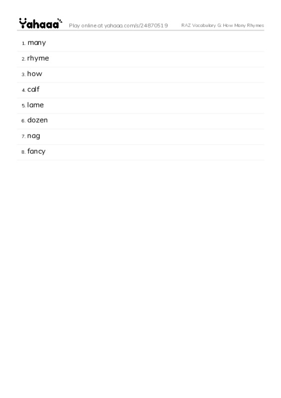 RAZ Vocabulary G: How Many Rhymes PDF words glossary