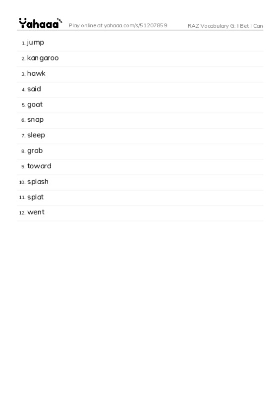 RAZ Vocabulary G: I Bet I Can PDF words glossary