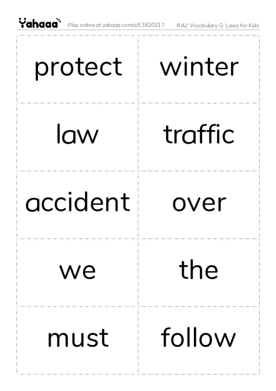 RAZ Vocabulary G: Laws for Kids PDF two columns flashcards