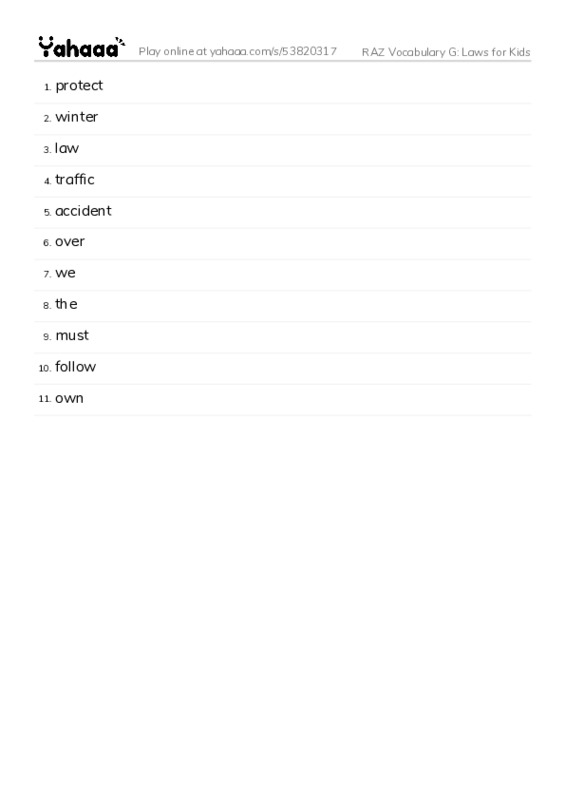 RAZ Vocabulary G: Laws for Kids PDF words glossary