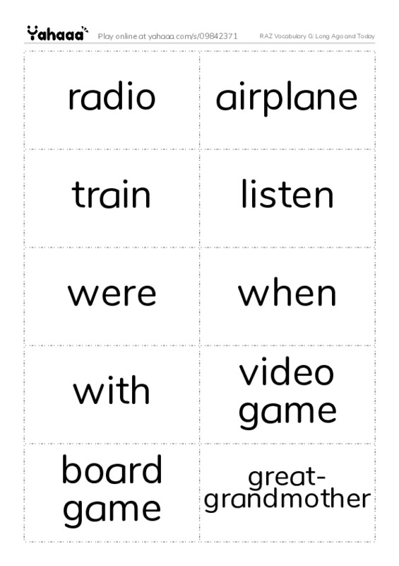 RAZ Vocabulary G: Long Ago and Today PDF two columns flashcards