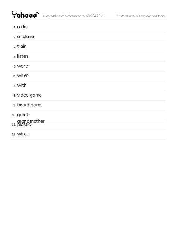 RAZ Vocabulary G: Long Ago and Today PDF words glossary