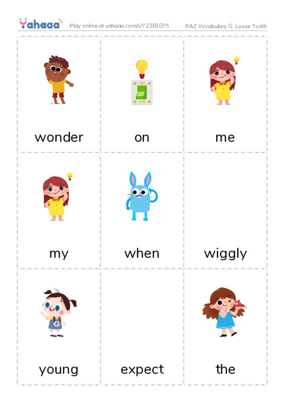 RAZ Vocabulary G: Loose Tooth PDF flaschards with images