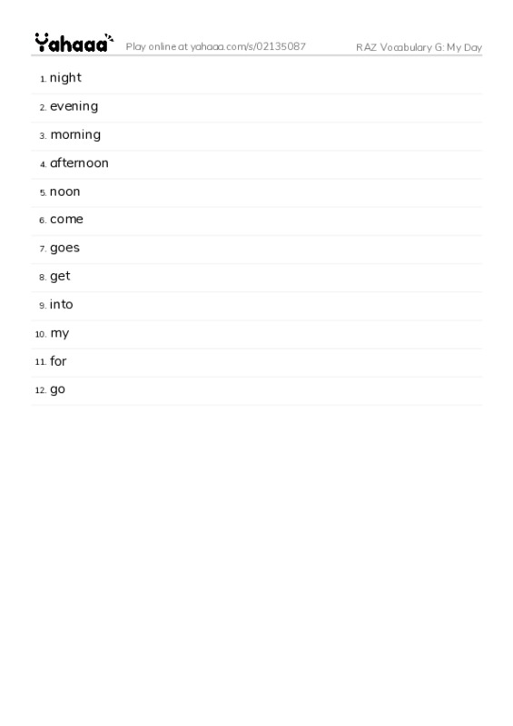 RAZ Vocabulary G: My Day PDF words glossary