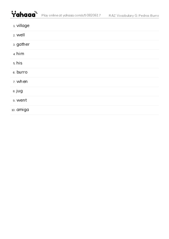 RAZ Vocabulary G: Pedros Burro PDF words glossary