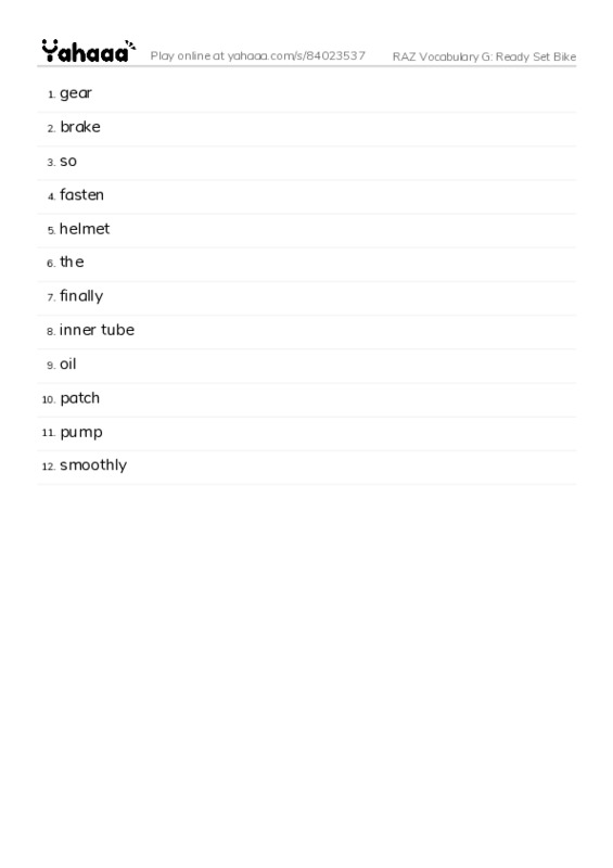 RAZ Vocabulary G: Ready Set Bike PDF words glossary