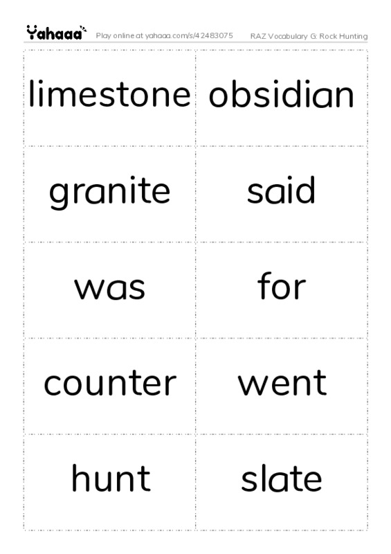 RAZ Vocabulary G: Rock Hunting PDF two columns flashcards