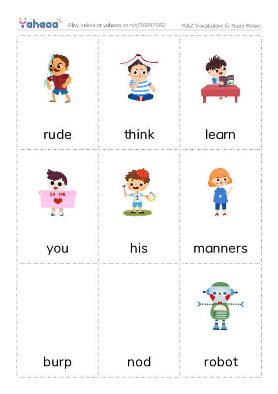 RAZ Vocabulary G: Rude Robot PDF flaschards with images