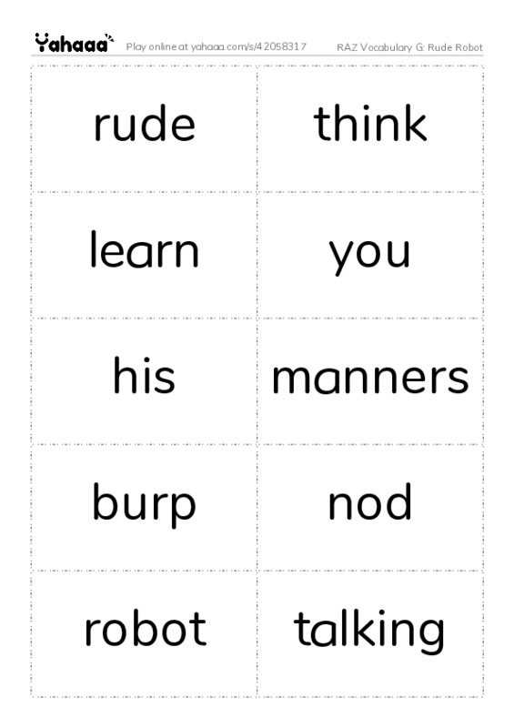 RAZ Vocabulary G: Rude Robot PDF two columns flashcards