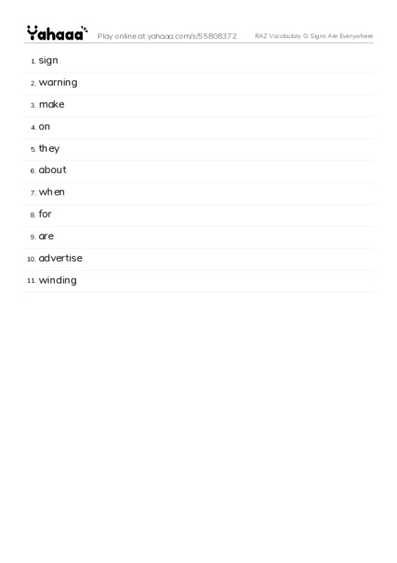 RAZ Vocabulary G: Signs Are Everywhere PDF words glossary