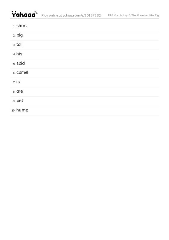 RAZ Vocabulary G: The Camel and the Pig PDF words glossary