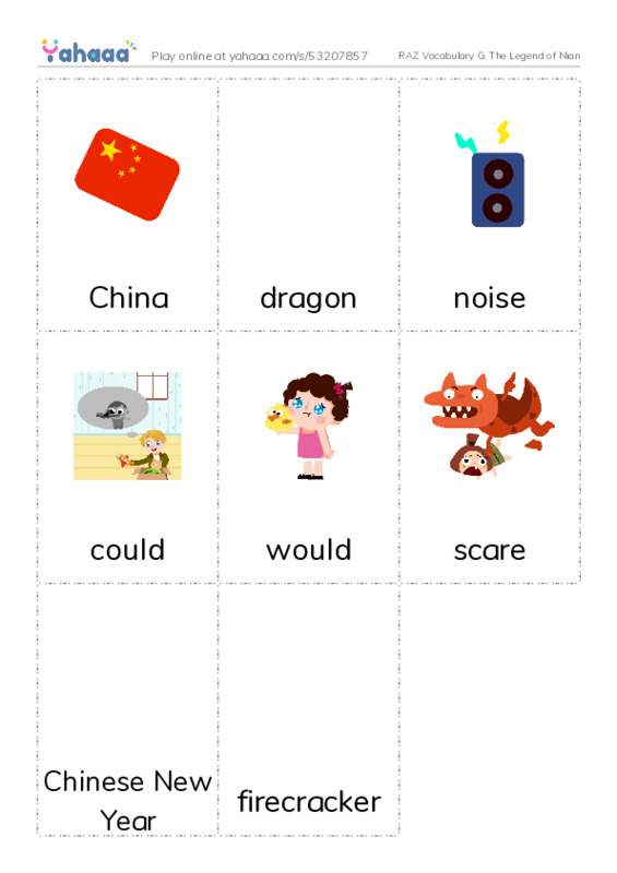 RAZ Vocabulary G: The Legend of Nian PDF flaschards with images