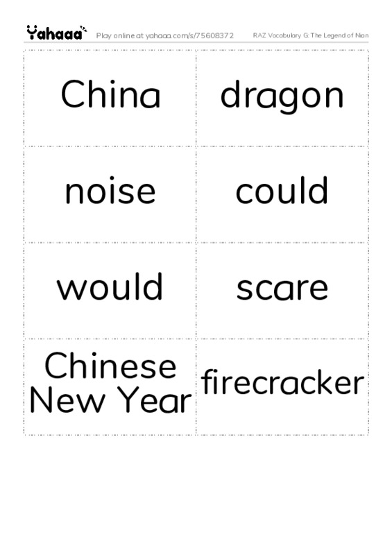 RAZ Vocabulary G: The Legend of Nian PDF two columns flashcards