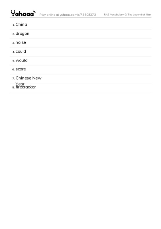 RAZ Vocabulary G: The Legend of Nian PDF words glossary