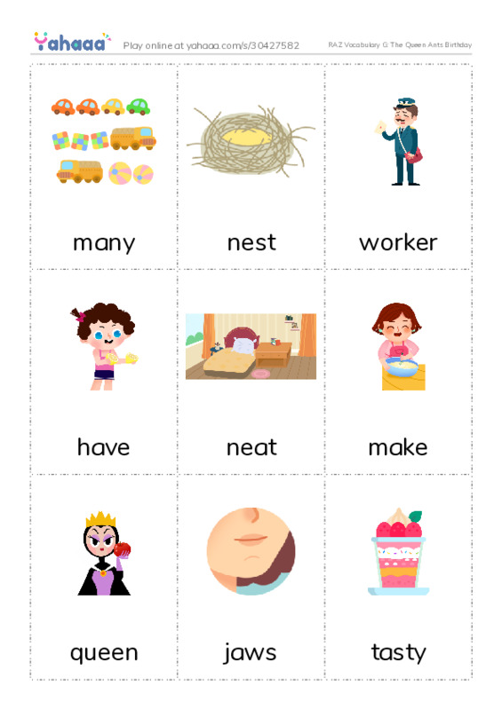 RAZ Vocabulary G: The Queen Ants Birthday PDF flaschards with images