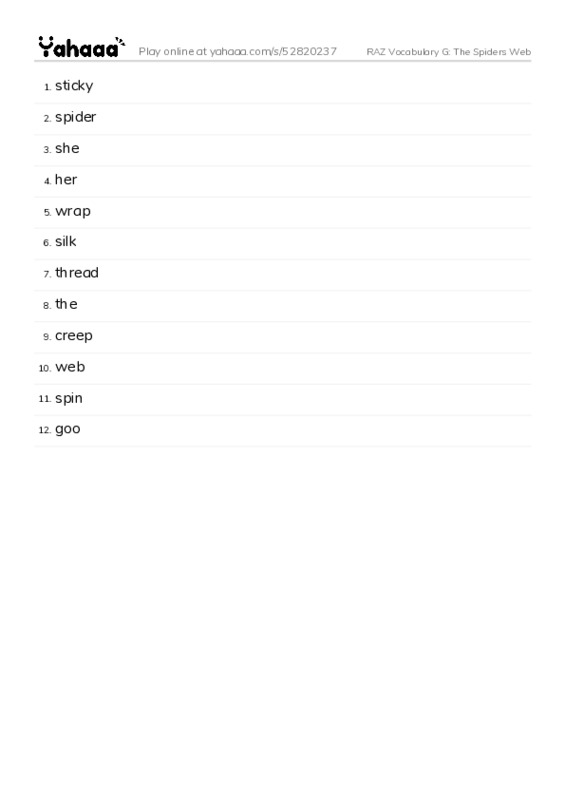 RAZ Vocabulary G: The Spiders Web PDF words glossary