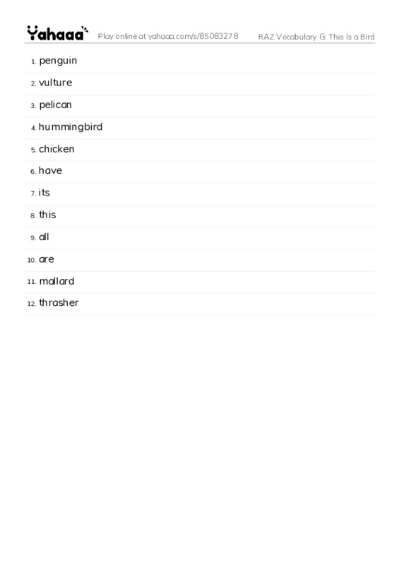 RAZ Vocabulary G: This Is a Bird PDF words glossary