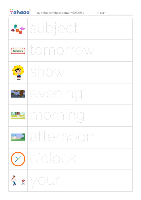 RAZ Vocabulary G: Time of Day PDF one column image words