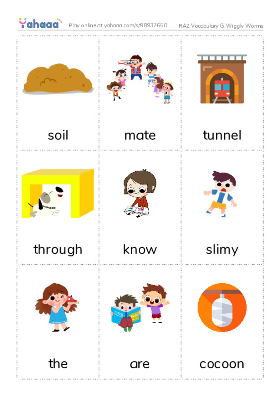 RAZ Vocabulary G: Wiggly Worms PDF flaschards with images