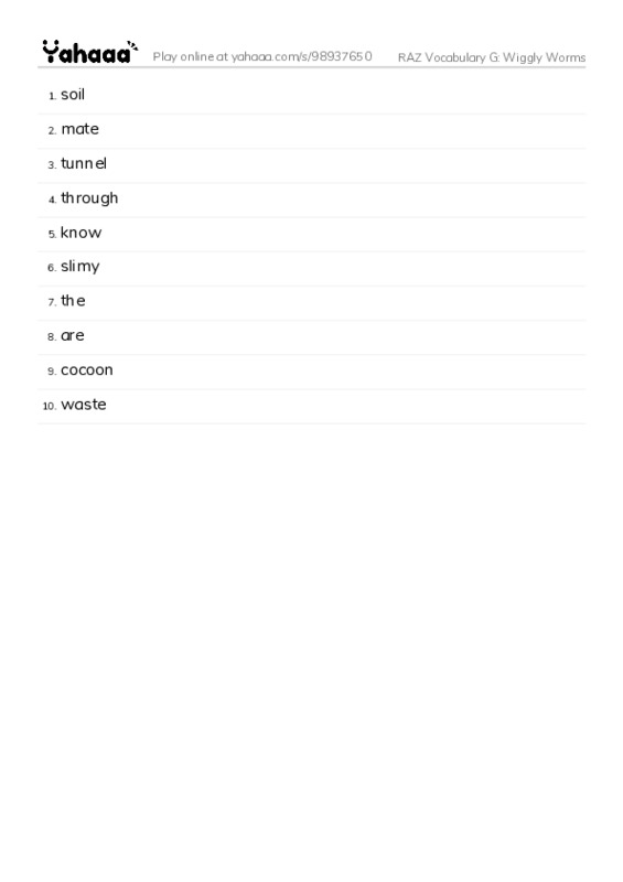 RAZ Vocabulary G: Wiggly Worms PDF words glossary