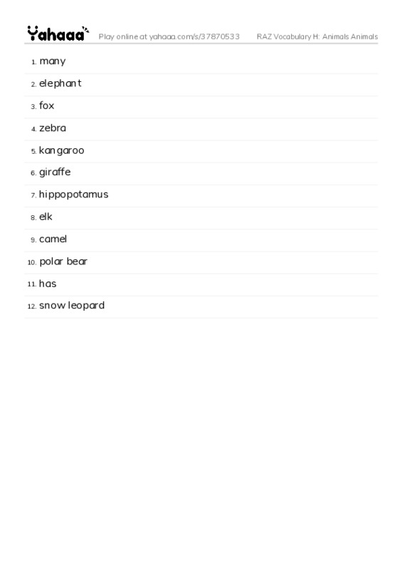 RAZ Vocabulary H: Animals Animals PDF words glossary