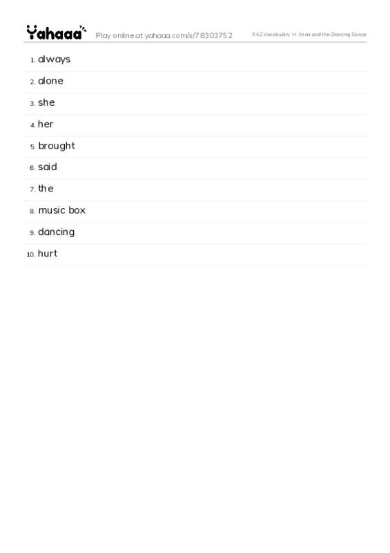 RAZ Vocabulary H: Anna and the Dancing Goose PDF words glossary