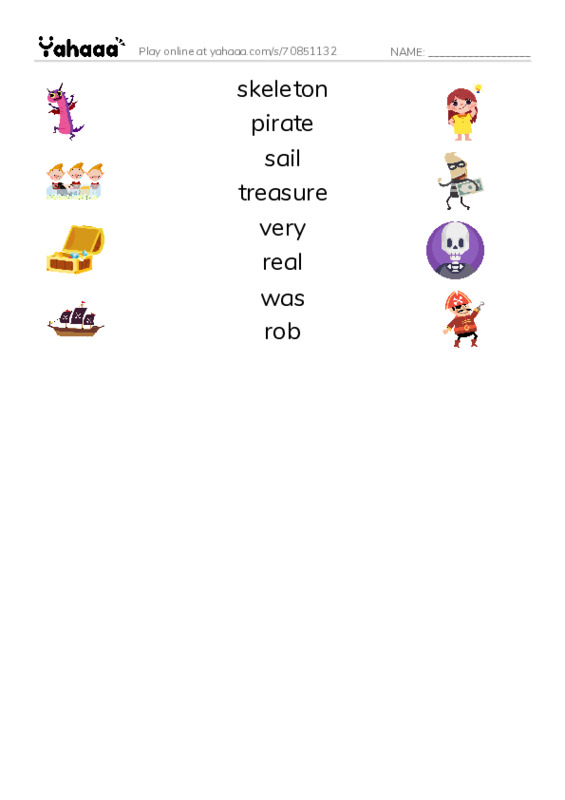 RAZ Vocabulary H: Blackbeard the Pirate PDF three columns match words
