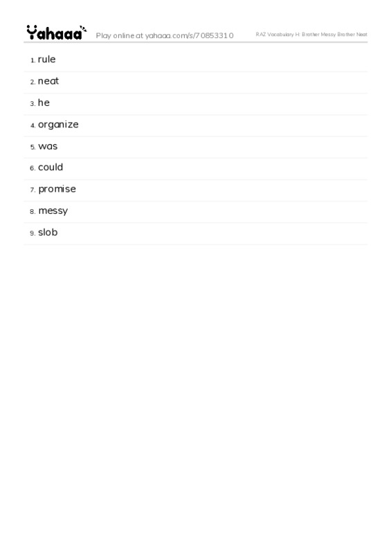 RAZ Vocabulary H: Brother Messy Brother Neat PDF words glossary