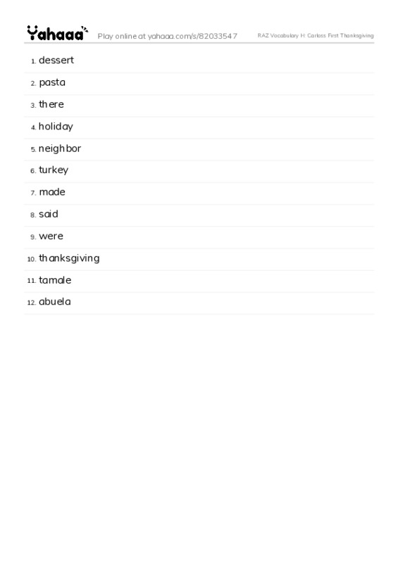 RAZ Vocabulary H: Carloss First Thanksgiving PDF words glossary