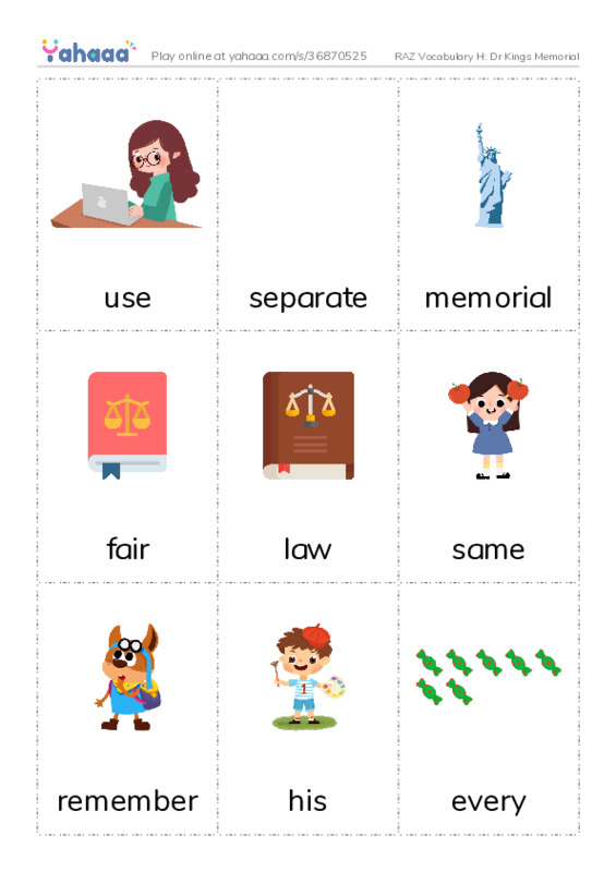 RAZ Vocabulary H: Dr Kings Memorial PDF flaschards with images