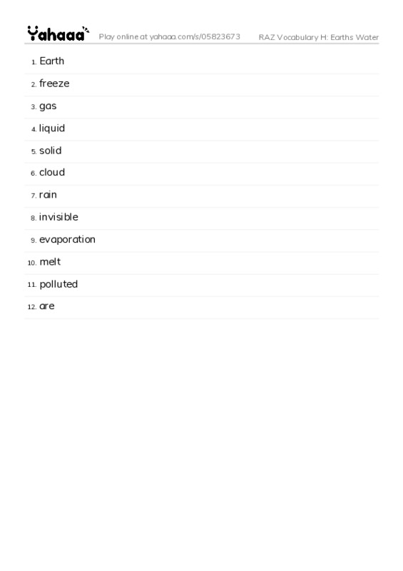 RAZ Vocabulary H: Earths Water PDF words glossary