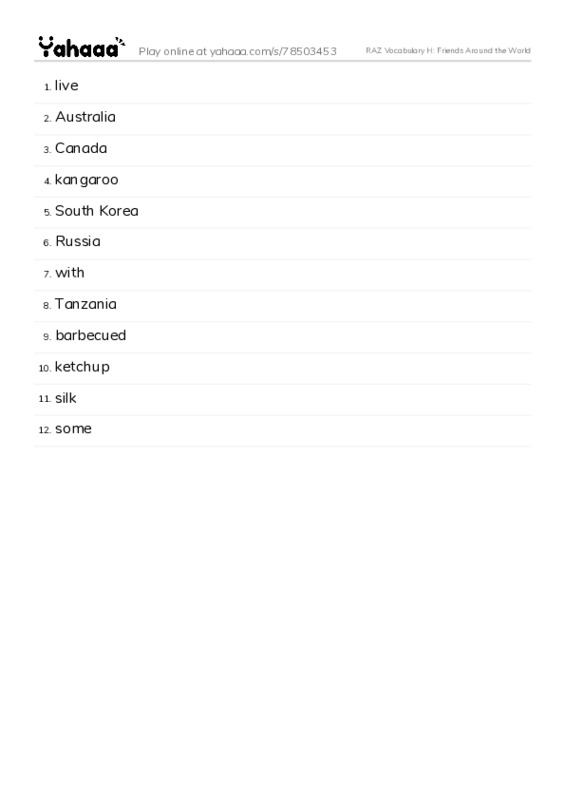 RAZ Vocabulary H: Friends Around the World PDF words glossary