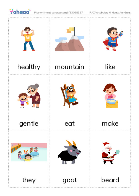 RAZ Vocabulary H: Goats Are Great PDF flaschards with images