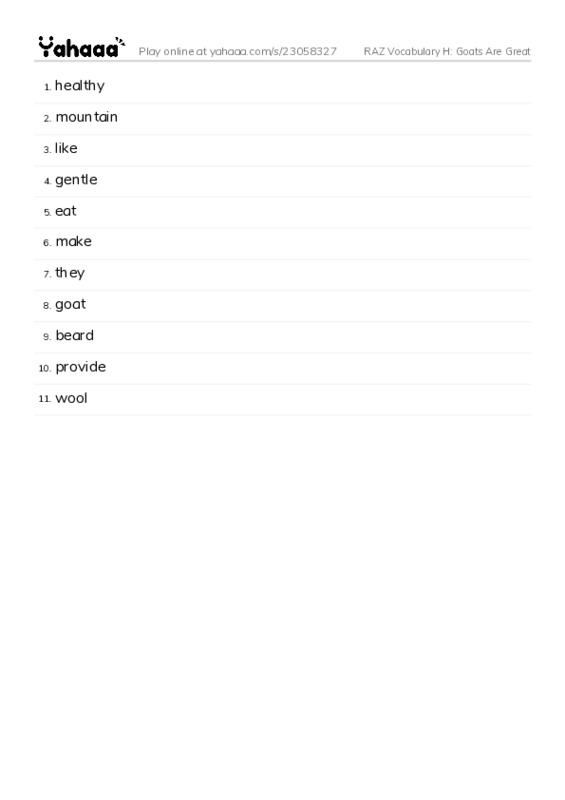 RAZ Vocabulary H: Goats Are Great PDF words glossary
