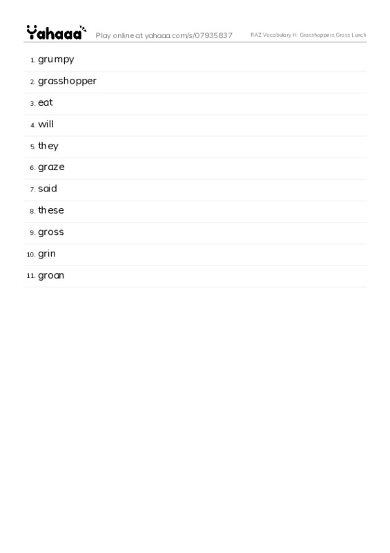 RAZ Vocabulary H: Grasshoppers Gross Lunch PDF words glossary